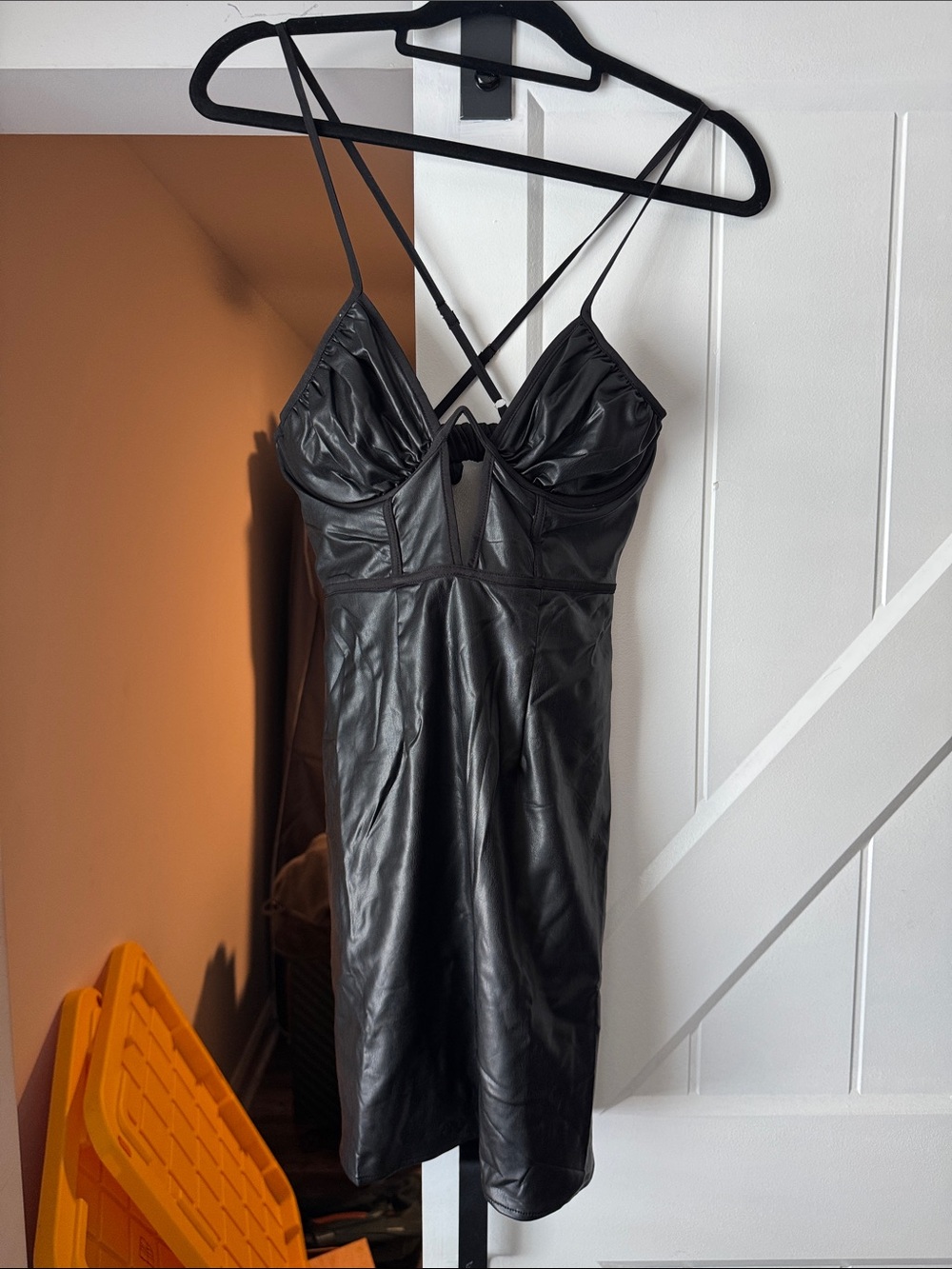 Black Faux Leather Strappy Midi Dress